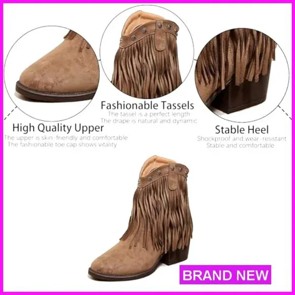 Suede Fringe Western Ankle Boots Retro Studded Pointed Toe Pull-on Chunky Heel - Picture 5 of 7